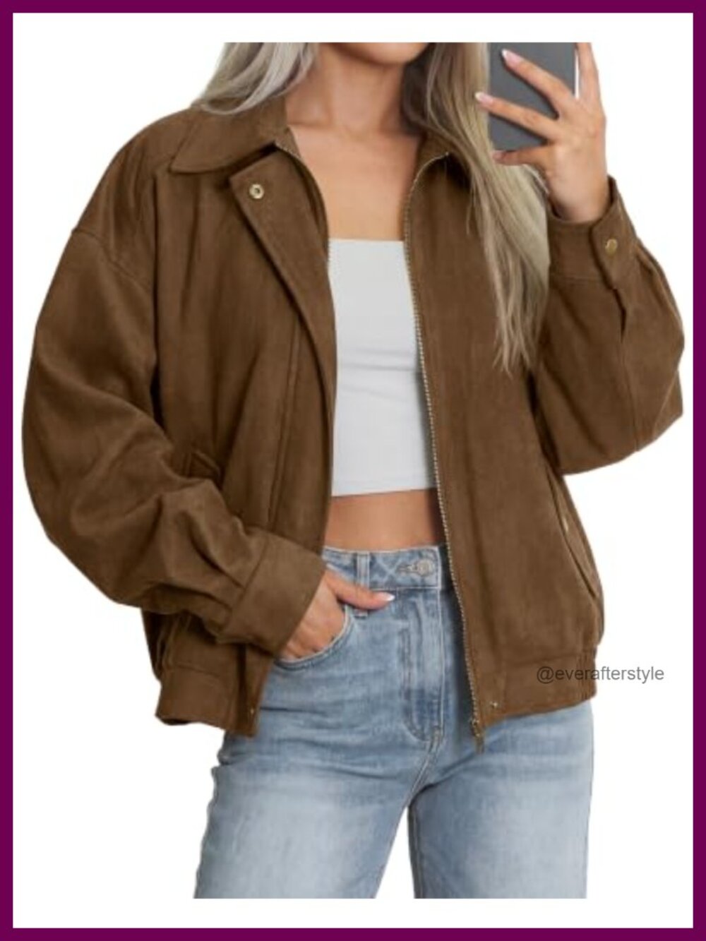 Faux suede bomber jacket women long sleeve lapel collar zip